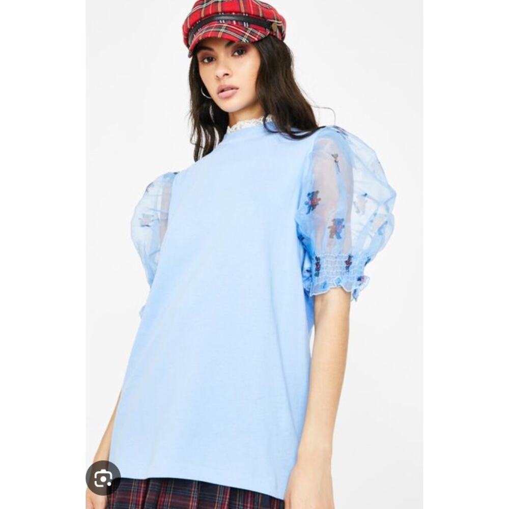 Lazy Oaf Blue Teddy Bear Puff Sleeve Top Womens Small